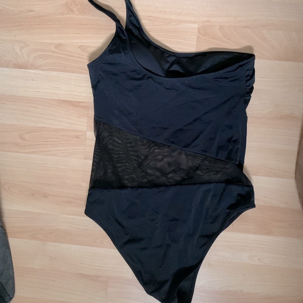 Simons Black Asymmetrical One-Piece Swimsuit with mesh Womens Large - Picture 2 of 4